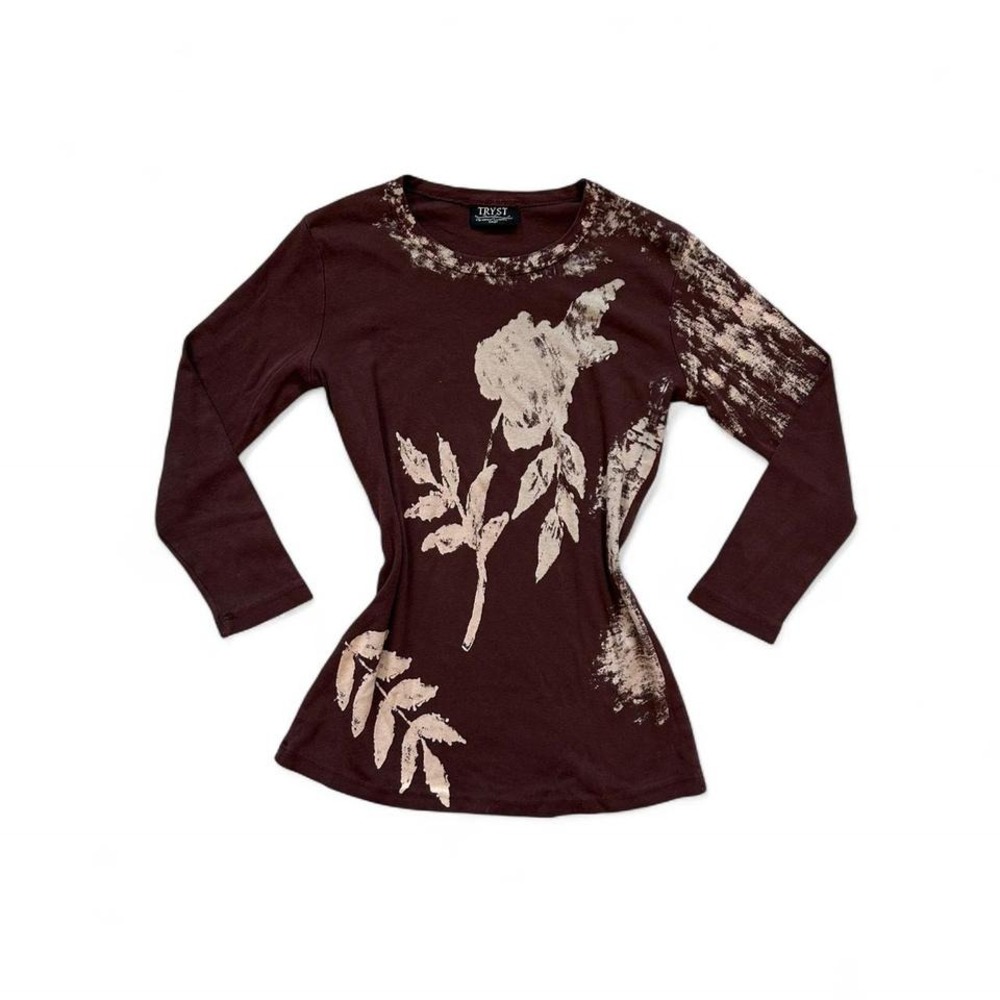 VTG y2k mocha brown floral bleach dyed printed longsleeve‎ grunge top small